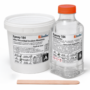 Sistema epóxico Epoxy 184 Fibratec, alta viscosidad incoloro absoluto, componentes A y B para manualidades, moldeaje y adhesivos.