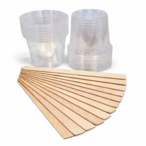 Kit de mezcla para resinas epóxicas con vasos plásticos transparentes y paletas de madera