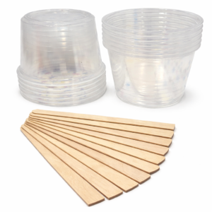 Kit de mezcla para resinas epóxicas con potes plásticos transparentes y paletas de madera