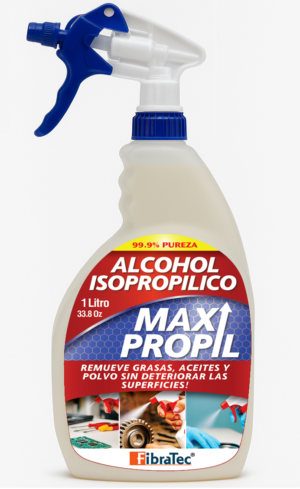 Alcohol isopropílico 99% en botella con tapa rosca y atomizador, con rótulos de seguridad GHS