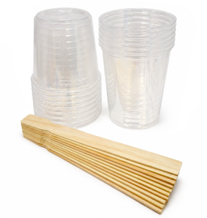 Kit de mezcla para resinas epóxicas con vasos plásticos transparentes y paletas de madera delgadas tipo baja lengua
